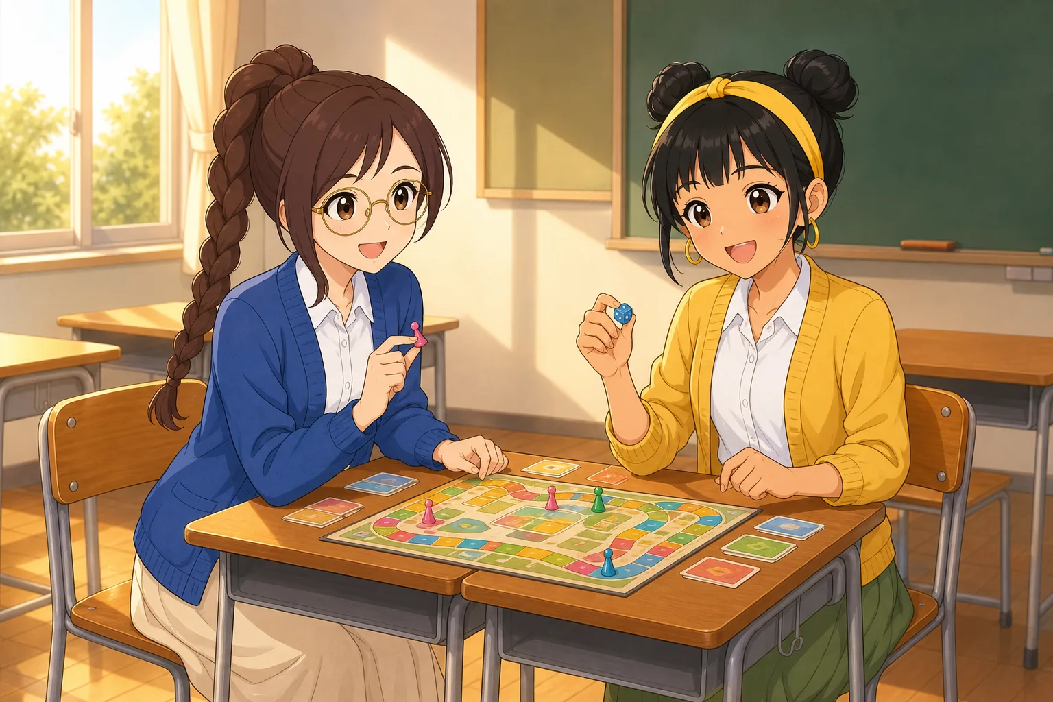相良紗英、日向まどかが放課後の教室でボードゲームを楽しむ様子