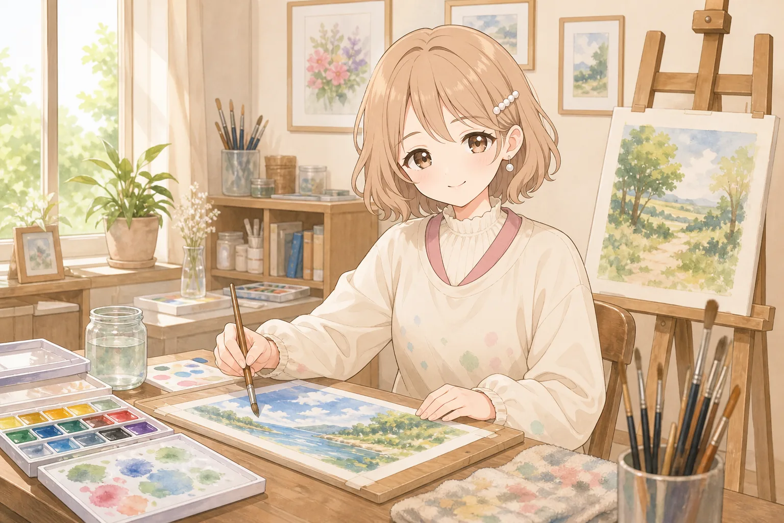 白石みつきが美術室で水彩画を楽しむ様子