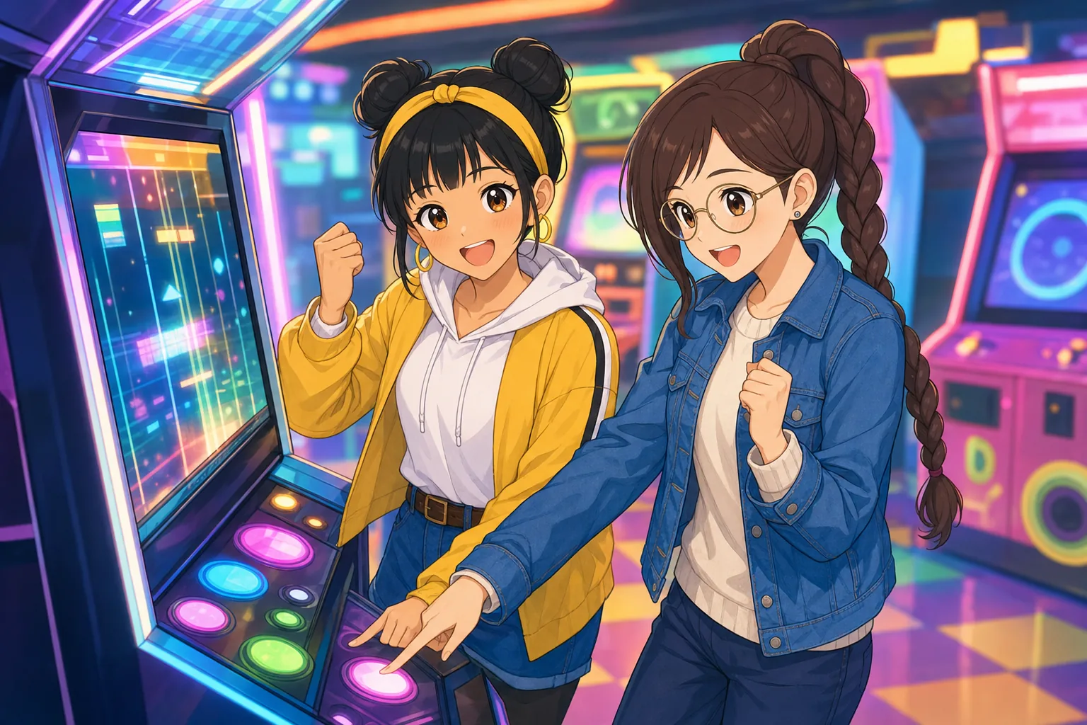 日向まどか、相良紗英がゲームセンターで協力プレイを楽しむ様子