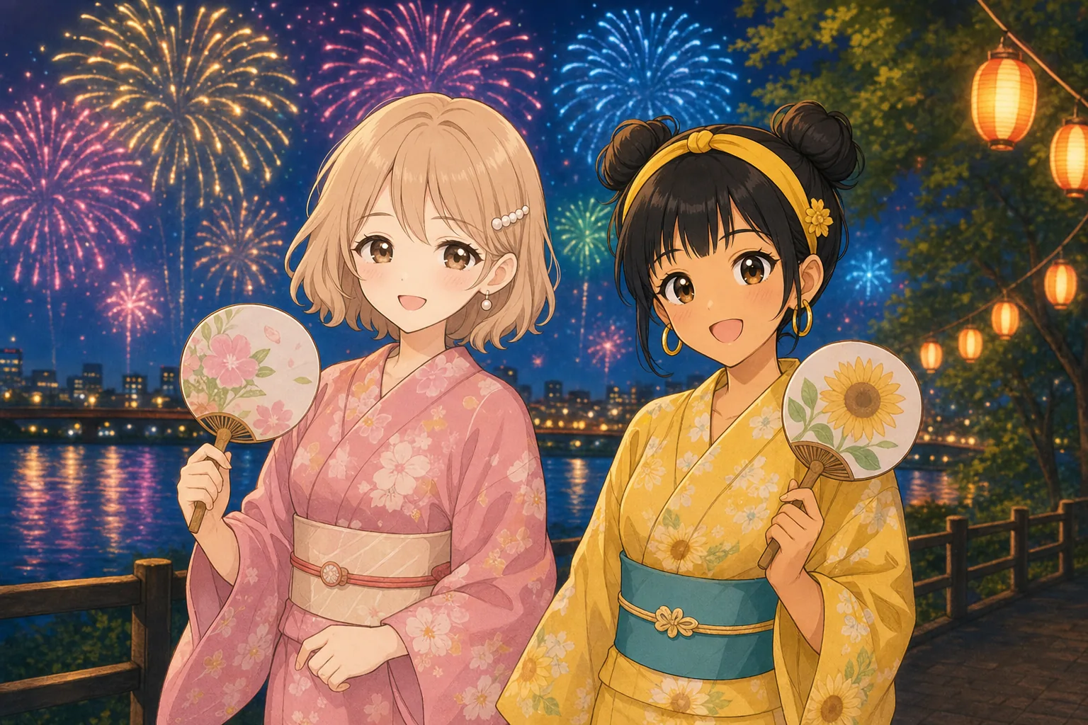 白石みつき、日向まどかが浴衣で花火鑑賞を楽しむ様子