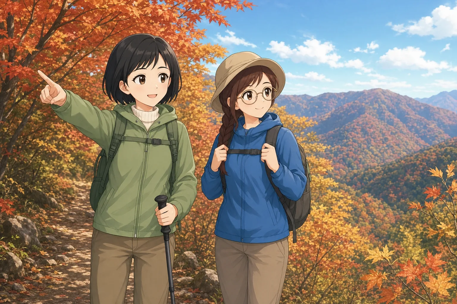 黒瀬志保先生、相良紗英が紅葉の山をハイキングを楽しむ様子