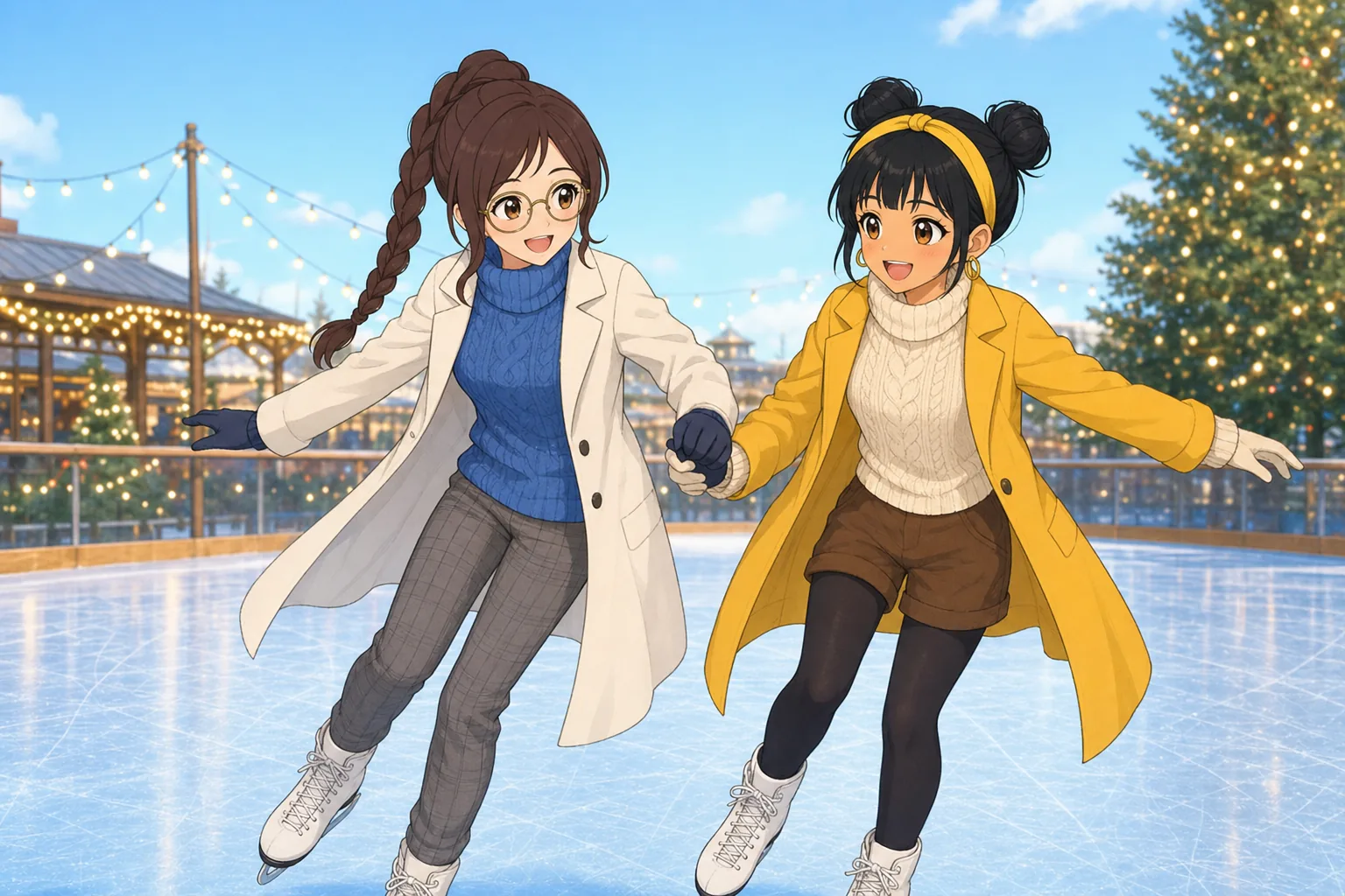 相良紗英、日向まどかが冬のリンクでアイススケートを楽しむ様子