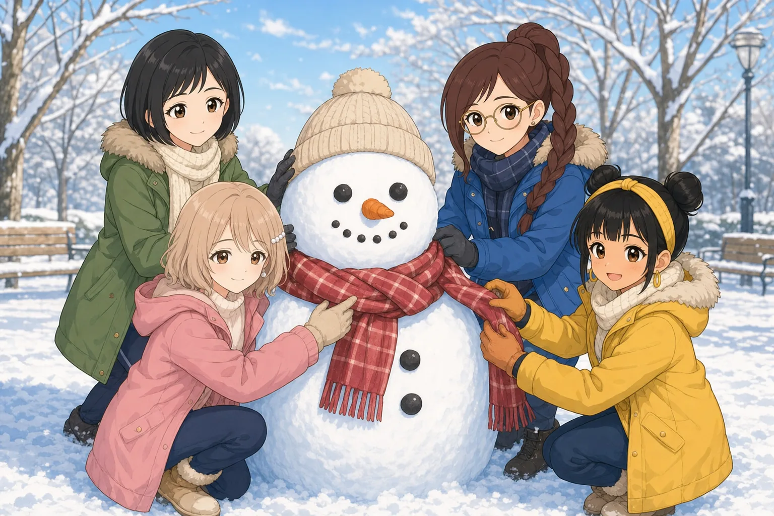 黒瀬志保先生、相良紗英、白石みつき、日向まどかが雪だるま作りを楽しむ様子