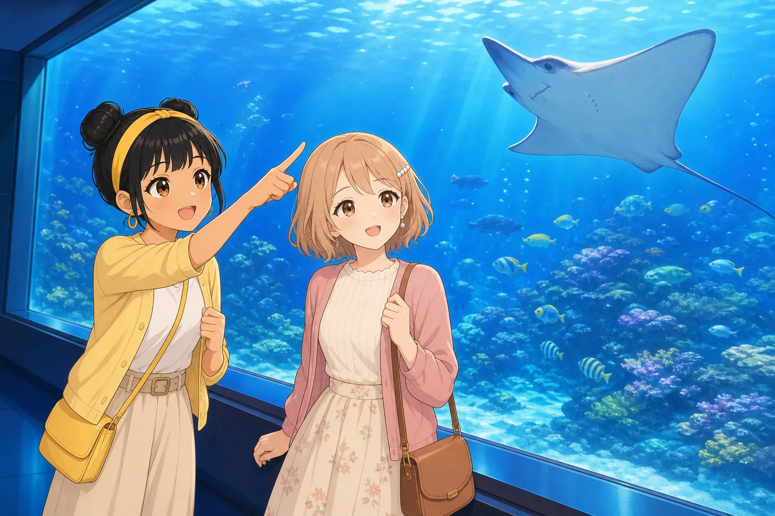 白石みつき、日向まどかが水族館で大水槽を鑑賞を楽しむ様子
