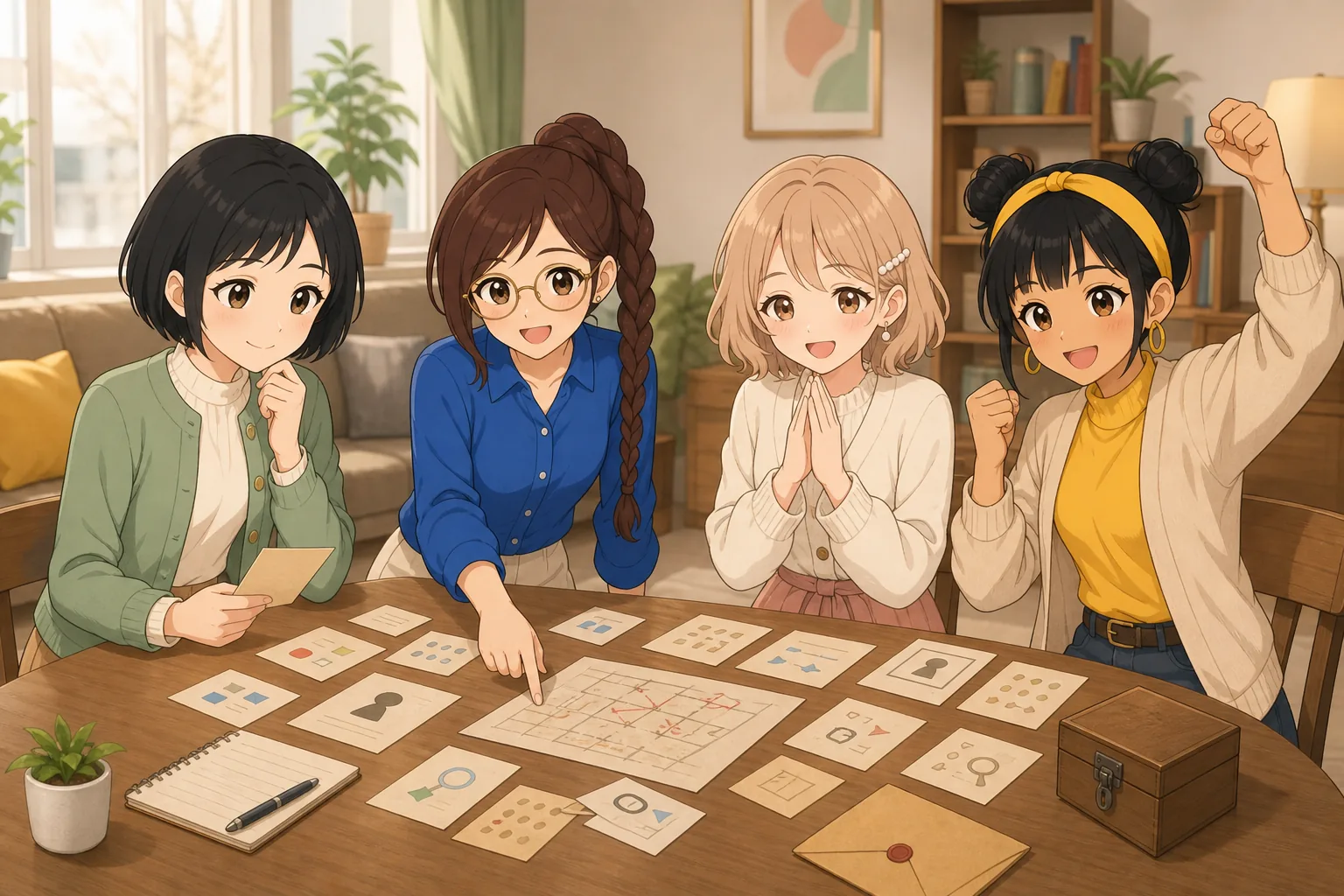 黒瀬志保先生、相良紗英、白石みつき、日向まどかがテーブル謎解きゲームを楽しむ様子
