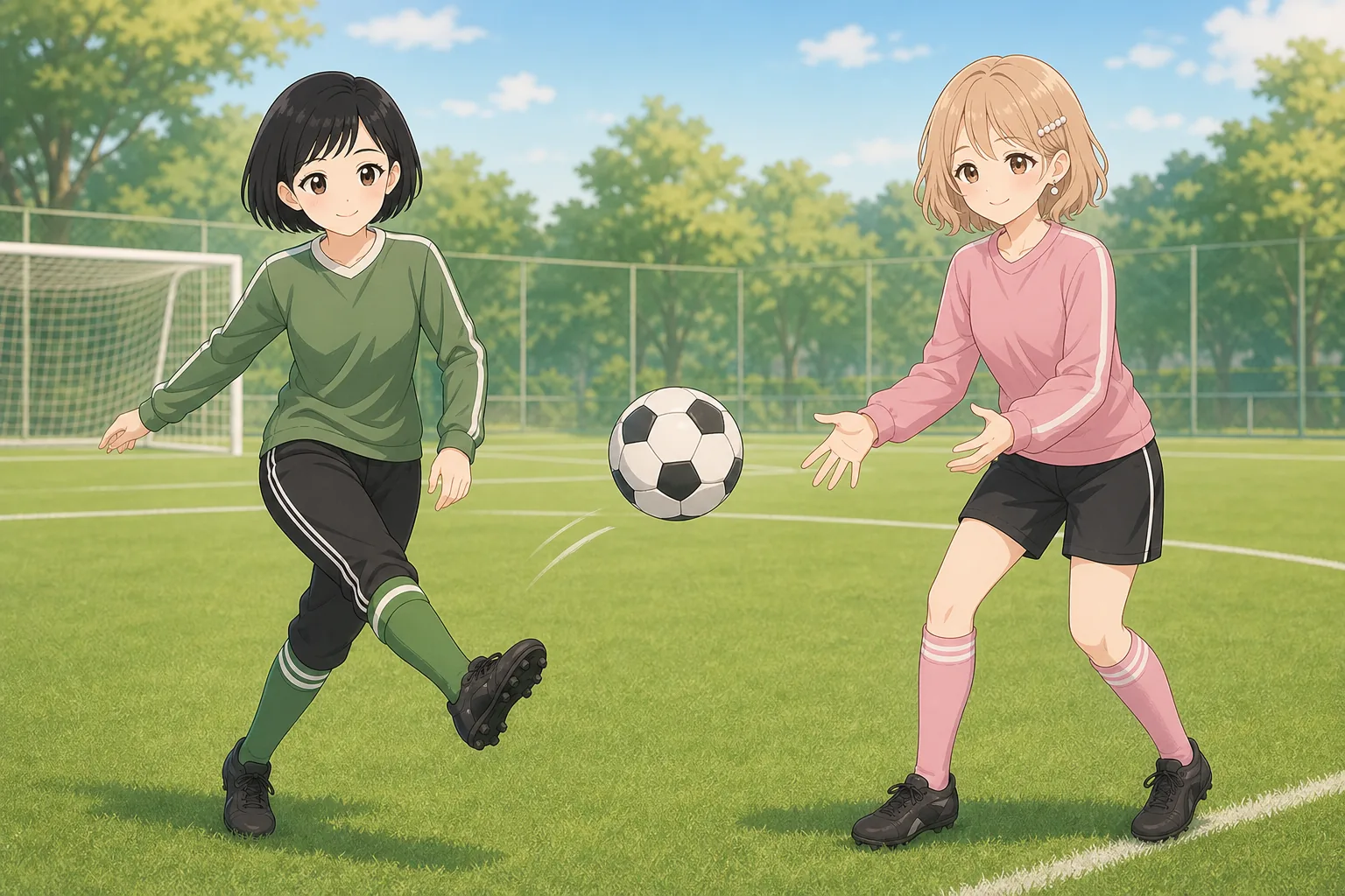黒瀬志保先生、白石みつきがグラウンドでサッカー練習を楽しむ様子